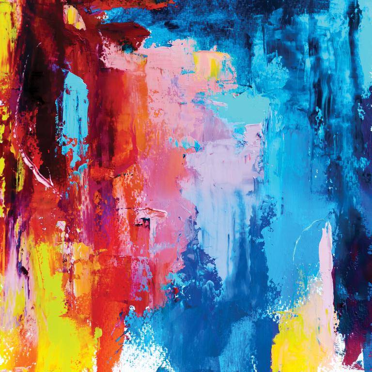 Des taches de peinture rouge, bleue, jaune et violette. Visibilité masquée.